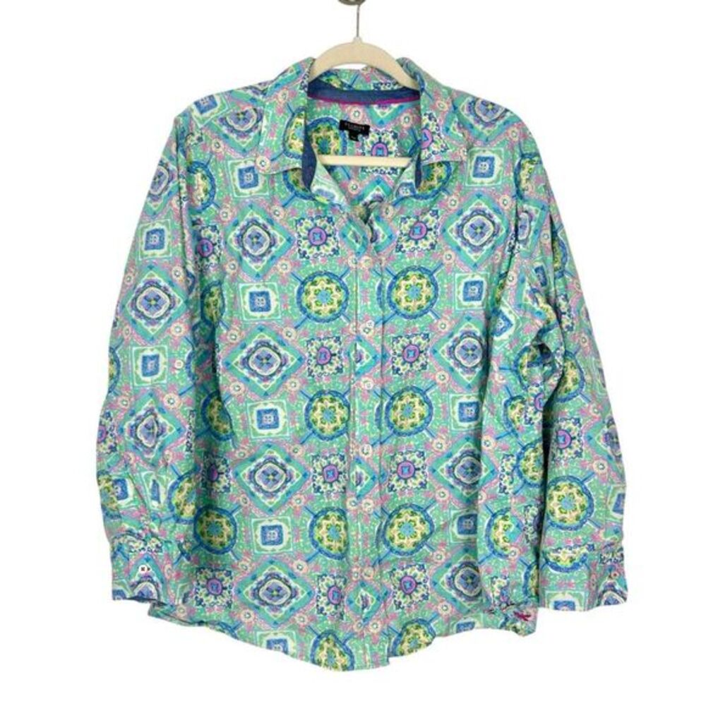 Talbots Button Up Shirt Women 3XP Green Blue Whimsical Floral Cotton Long Sleeve
